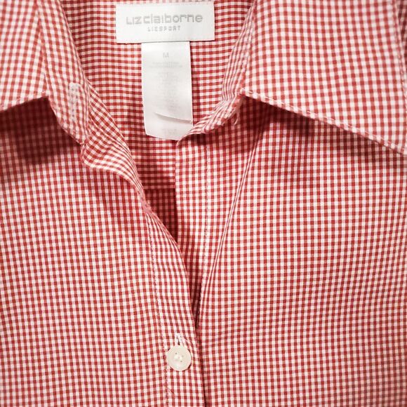 Liz Claiborne Liz Sport Button Up Shirt Top Red Check No-Iron 100% Cotton Size M - Picture 2 of 15